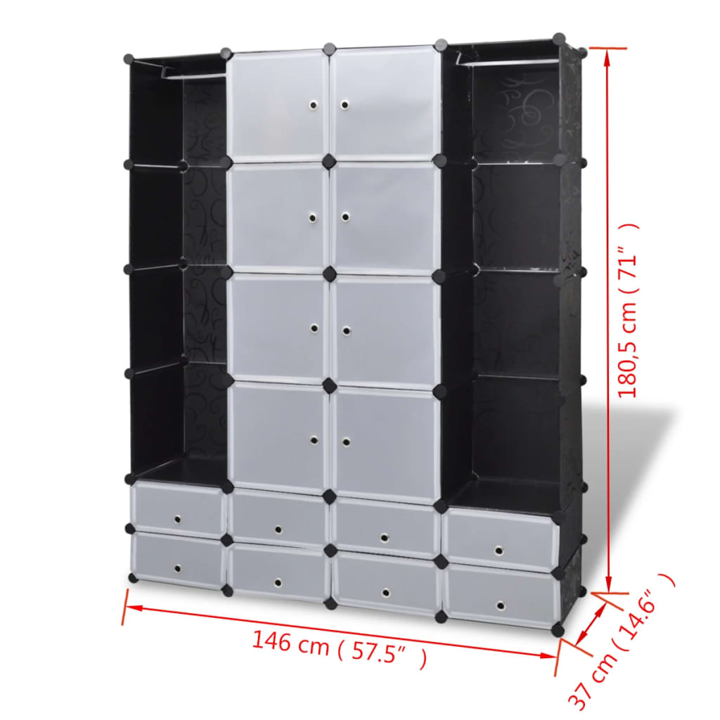 vidaXL Modularer Schrank mit 18 Fächern schwarz/weiß 37x146x180,5cm