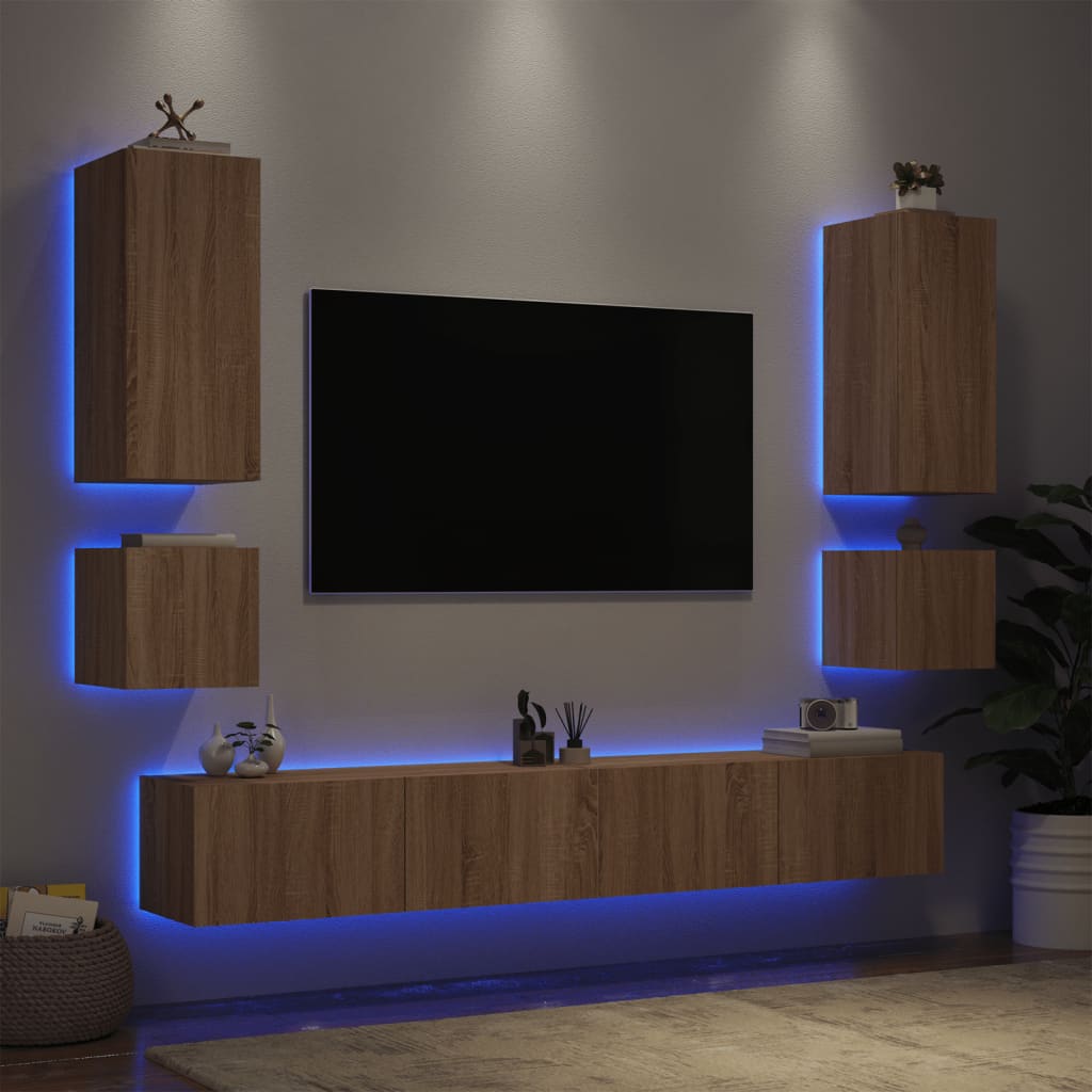 vidaXL 6-tlg. TV-Wohnwand mit LED-Leuchten Sonoma-Eiche