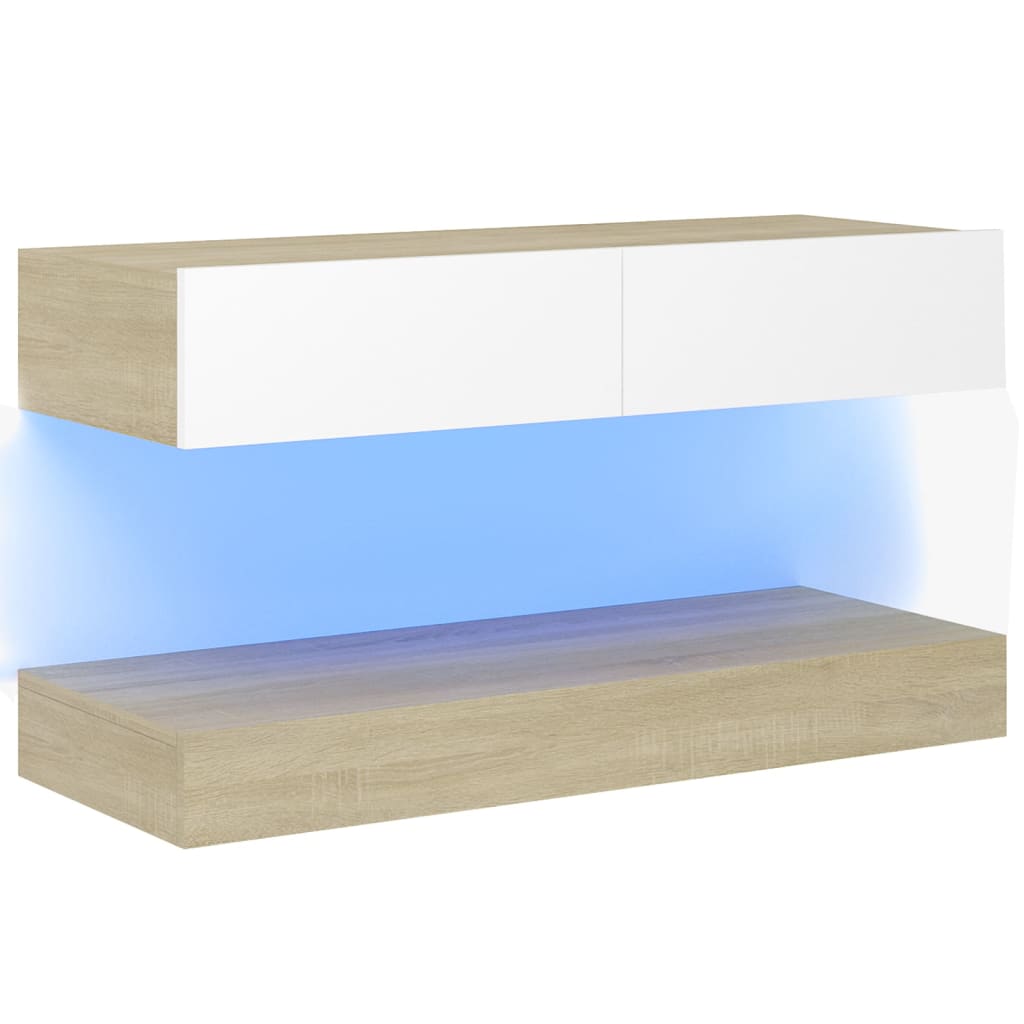 vidaXL TV-Schrank mit LED-Leuchten Weiß Sonoma-Eiche 90x35 cm
