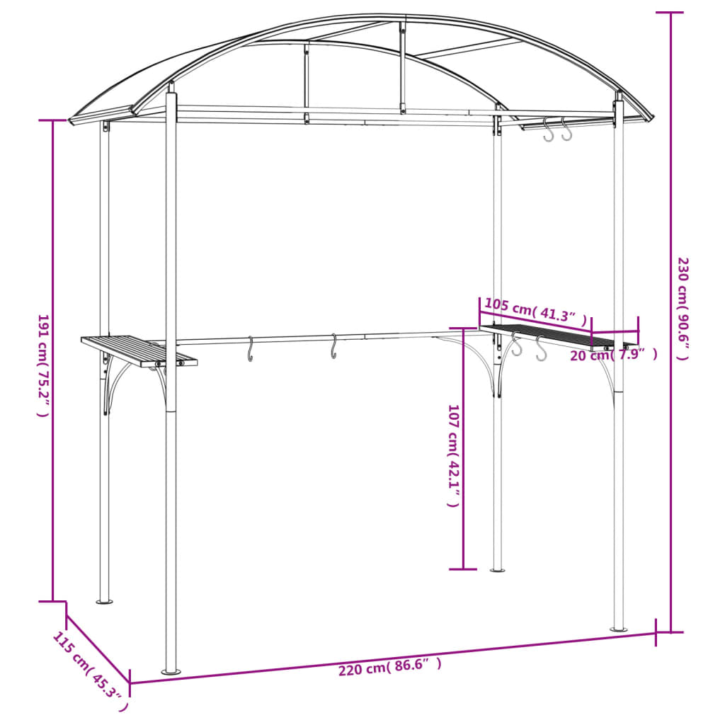 vidaXL Grillpavillon mit Seitenregalen Anthrazit 220x115x230 cm Stahl
