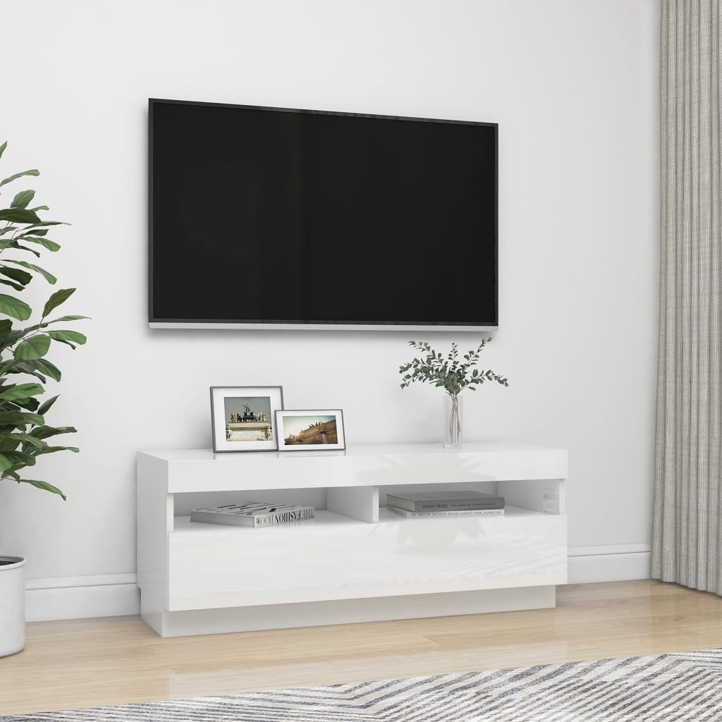 vidaXL TV-Schrank mit LED-Leuchten Hochglanz-Weiß 100x35x40 cm