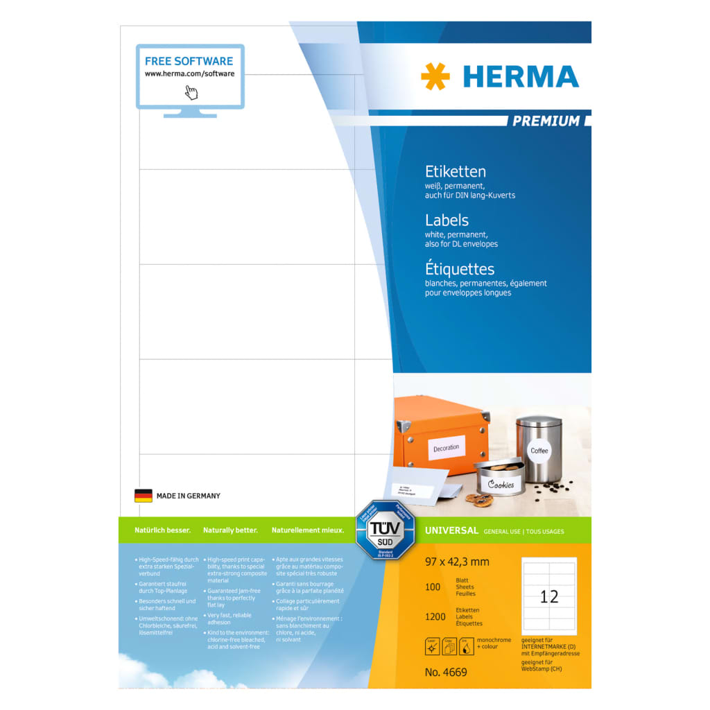 HERMA Etiketten PREMIUM Permanent Haftend A4 97x42,3 mm 100 Blätter