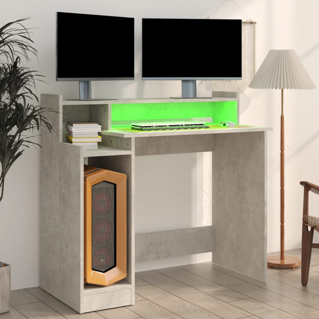 vidaXL Schreibtisch mit LEDs Betongrau 97x45x90 cm Holzwerkstoff